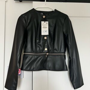 Zara Black Leather Jacket with Gold Accents